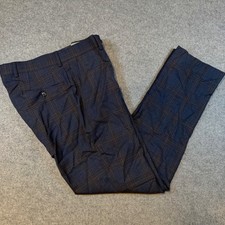 Bar III Slim Fit Dress Pants Men 31x30 Navy Blue Brown Plaid Wool Blend Trousers