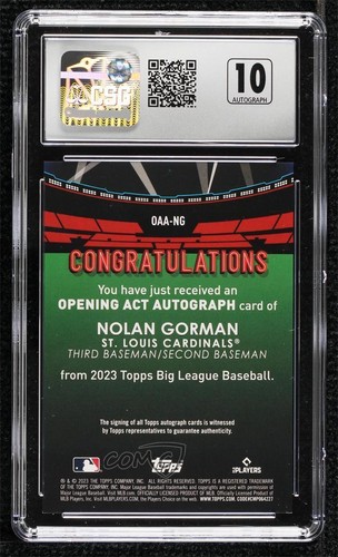 2023 Topps Big League Opening Act Blue Foil Nolan Gorman CSG 10 Rookie Auto RC - Picture 2 of 3