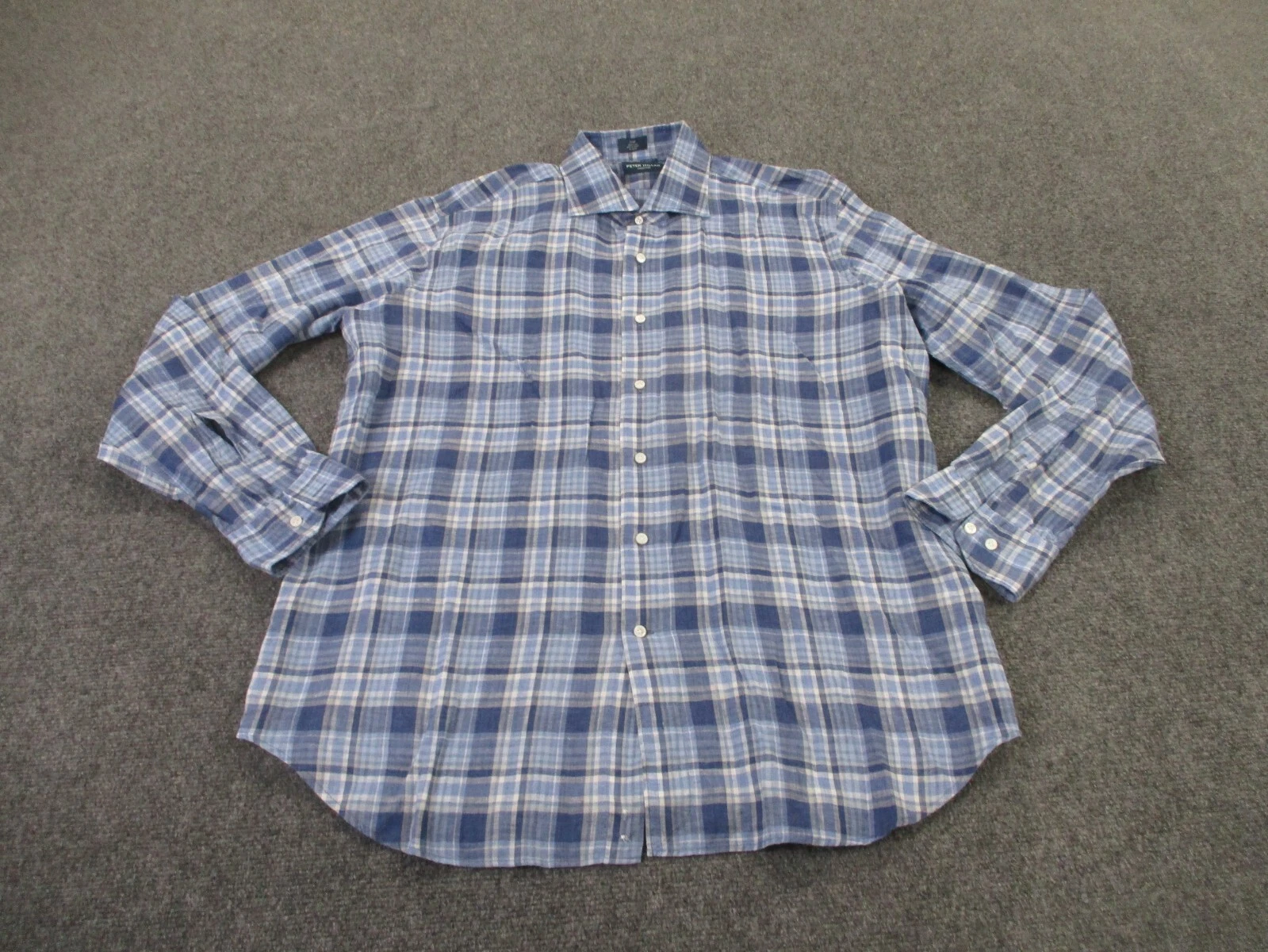 Peter Millar Shirt Mens L Blue Plaid Linen Breathable Lightweight Preppy Casual