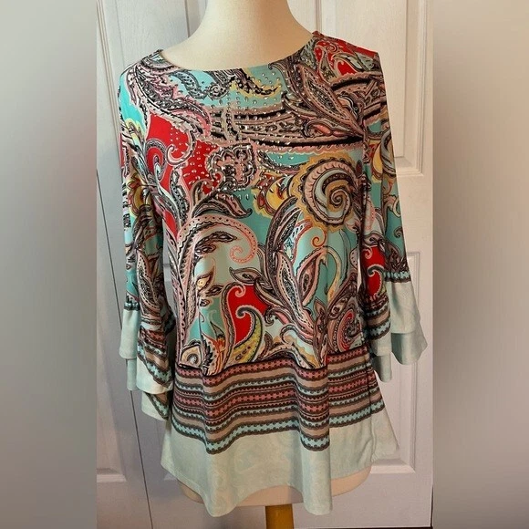 Blouse Femme New Directions Imprimé Paisley - Blanc, Taille S, Col V, Manches Longues, Neuve Avec étiquettes
