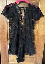 Seven Til Midnight Plunging Eyelash Lace Teddy, NWT Small Black