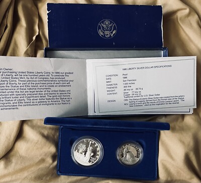 1986 S Statue of Liberty Commemorative 2 Coin Set Silver Dollar