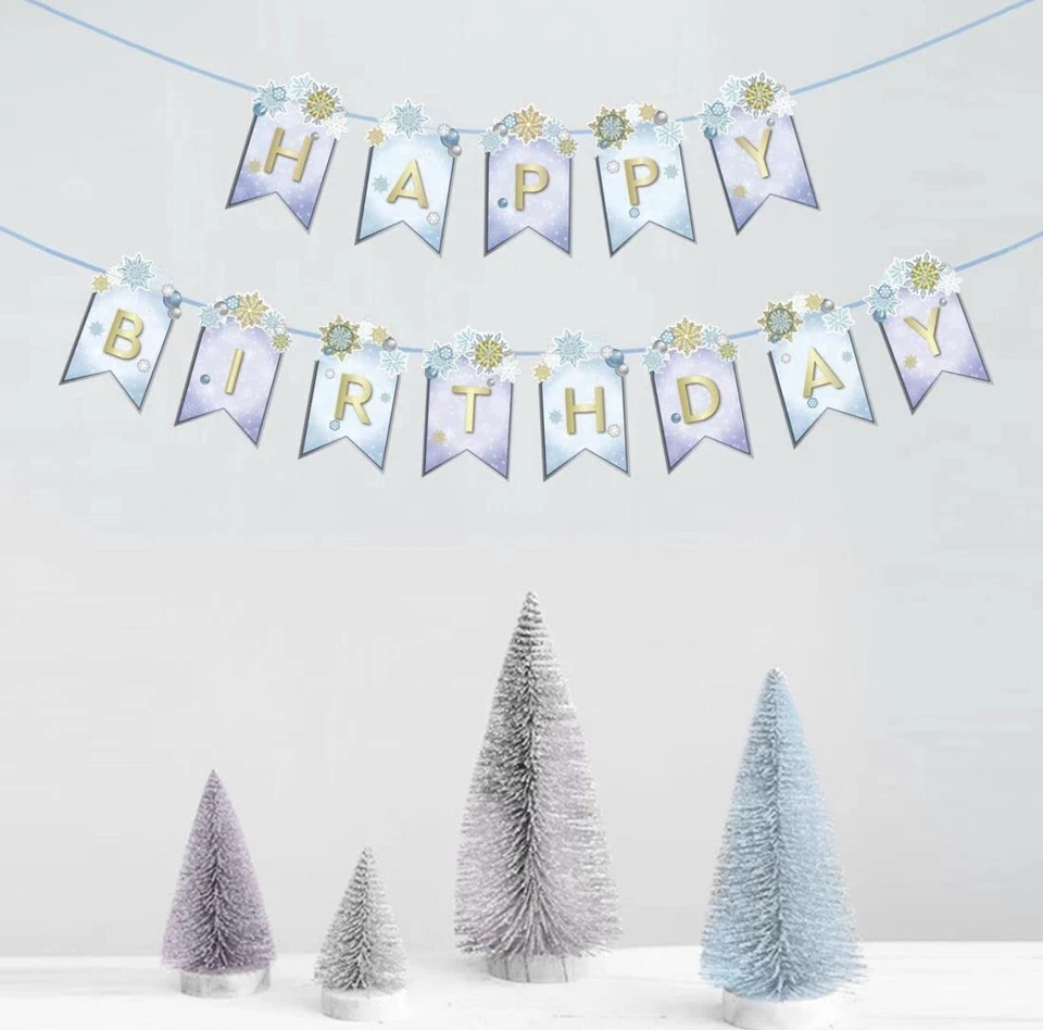 金色蓝色白色雪花生日快乐旗帜横幅冬季仙境 12 英尺 — 第 4/4 张图片