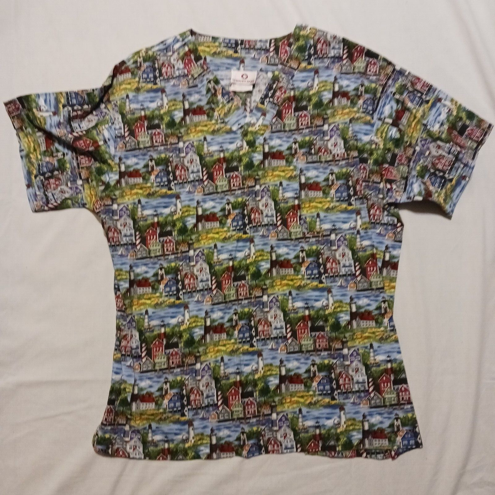 5 WHITE CROSS Women's L Scrub Tops CATS , 3 button up Bears, Noah's Ark, Floral