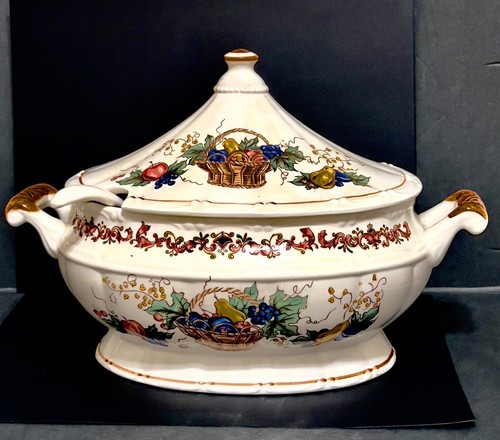 Porzellan Suppenterrine mit Deckel Servierkelle Ernte Obstkorb 13"lx8,25"w Japan - Bild 9 von 18