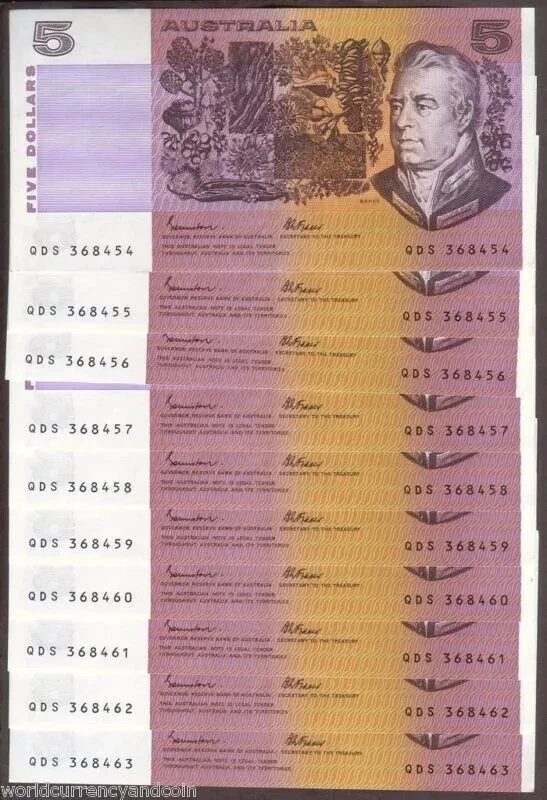 Australia 5 DOLLARS P-44E 1985 x 10 Pcs Running# Rare AUNC Johnstone/Fraser NOTE - Image 3 of 4