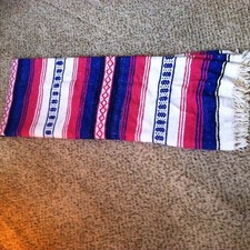 Mexican Falsa Serape Blanket Pink Blue White Aztec Lines White fringe Saltillo