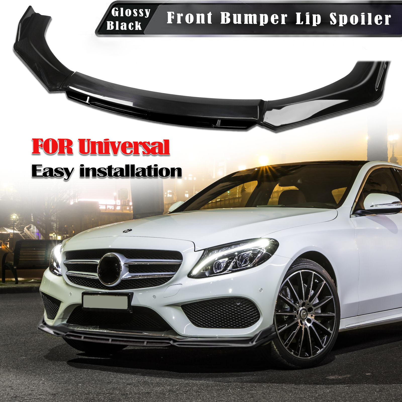 For Mercedes-Benz C180 Glossy Black Front Bumper Lip Spoiler Splitters Body Kit