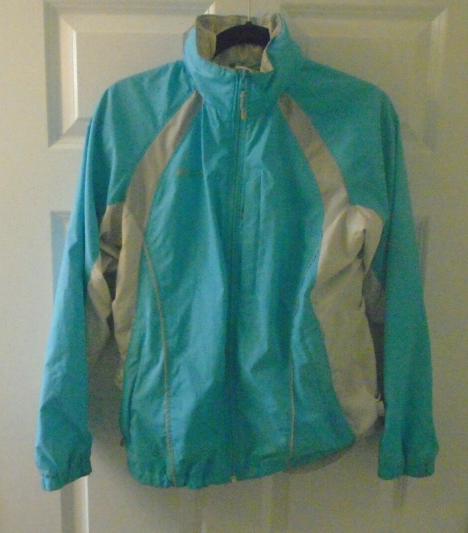 Columbia rain jacket, teal, hood in collar, size S Gem