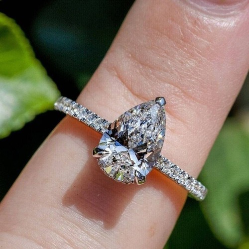 2.00Ct Pear Cut Moissanite Hidden Halo Bridal Wedding Ring 14K White Gold Plated - Picture 4 of 8