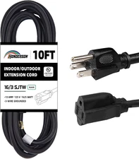 10 ft Outdoor Extension Cord 16/3 SJTW Black 3-Prong Grounded Plug  Lights