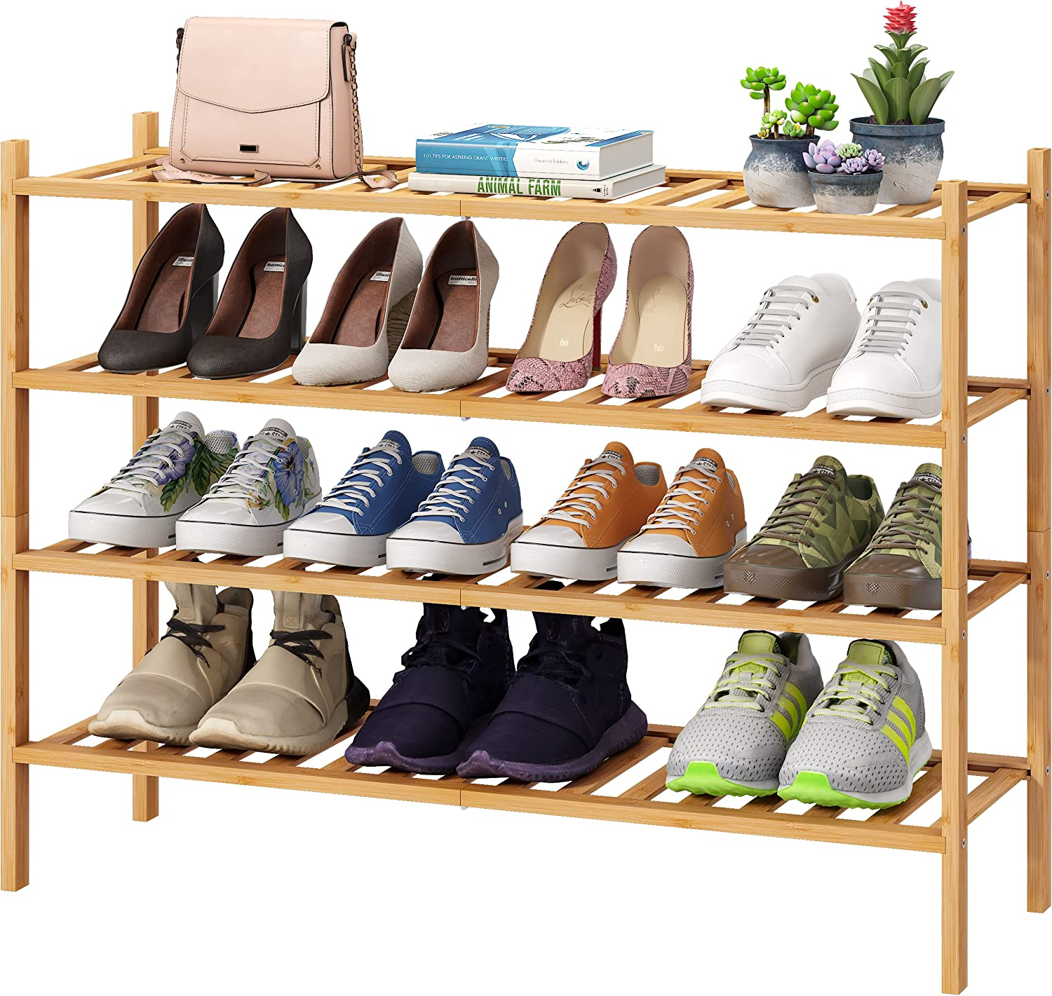4-Tier Bamboo Wood Shoe Rack for Entryway or Closet Storage