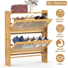 Slim Bamboo Shoe Cabinet with 2 Flip Drawers Modern Shoe Storage Rack Organizer