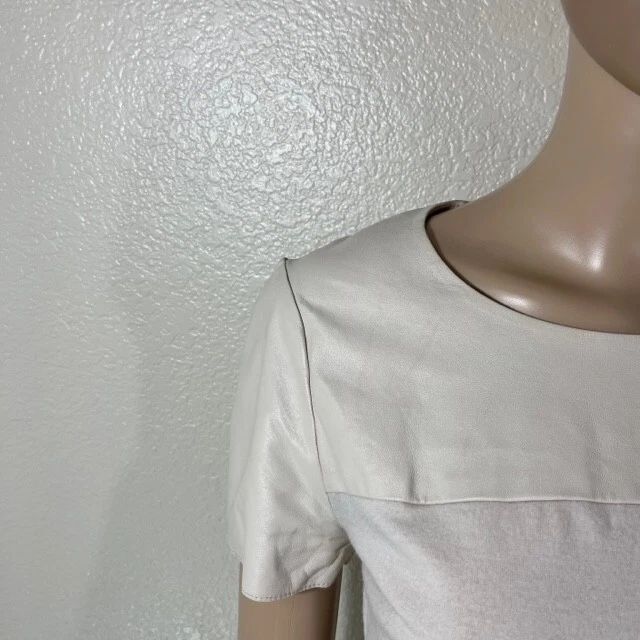 Halston Heritage Beige Wool Leather Short Sleeve Ruched Dress Size 4 - Image 2 of 4