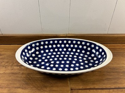 Vintage Wiza Boleslawiec Polish Pottery Oval Blue Polka Dot ~  11 X 6.5