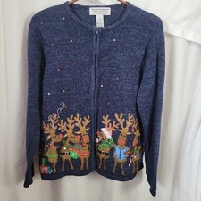 Tiara International Ugly Christmas Sweater Reindeer embellished XL bead full zip