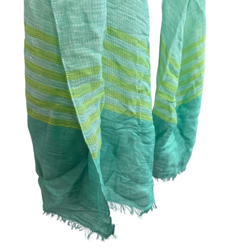 J Jill Linen Cotton Blend Blue Green Womens Scarf Wrap 20x70 Stripes Fringe - Picture 2 of 14