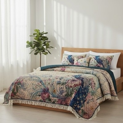 NEW Anthropologie Peacock Tassel Fringe Boho Quilt Bedspread Bedding & Sham Set