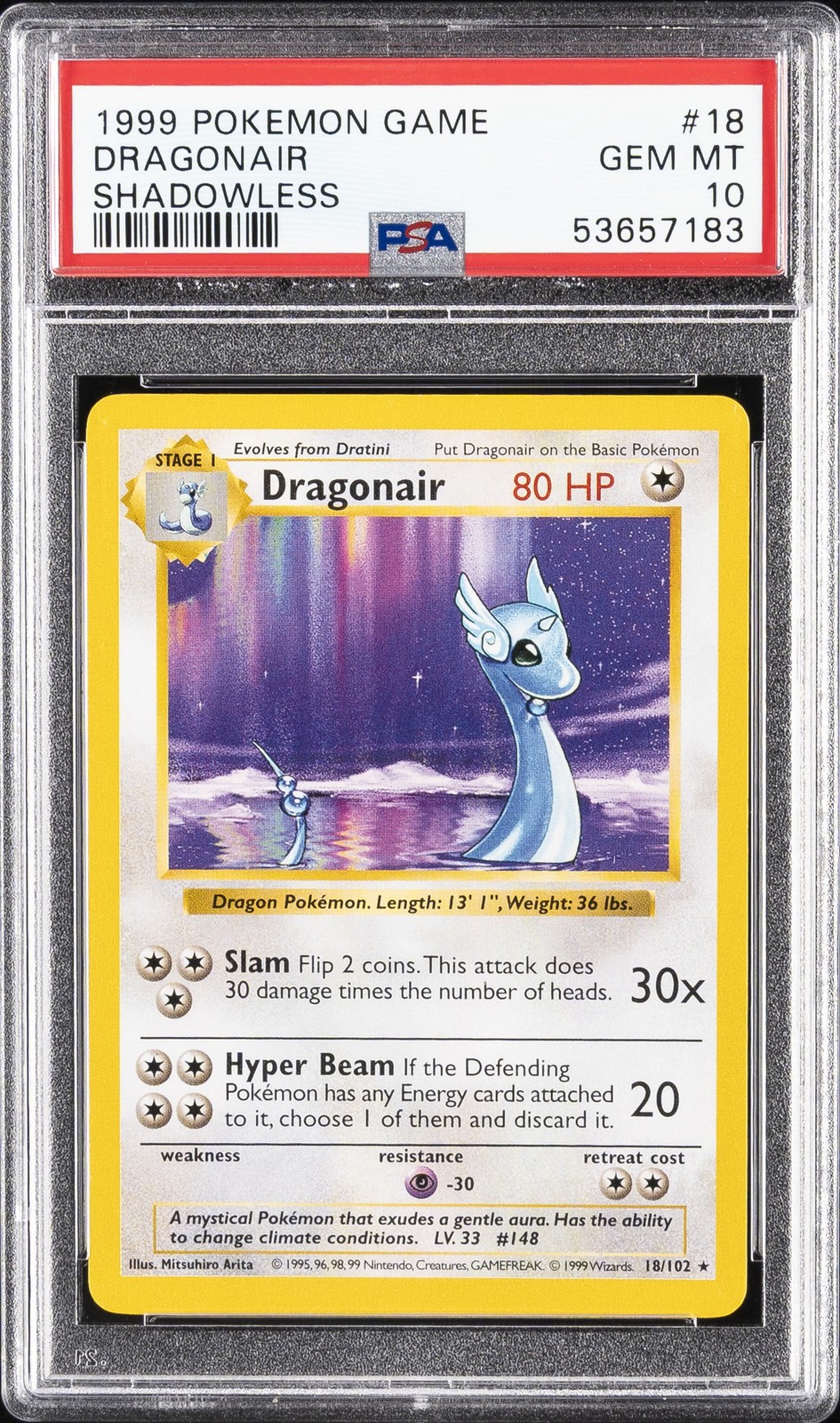 1999 POKEMON GAME SHADOWLESS #18 DRAGONAIR PSA 10