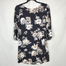 Old Navy Knit Swing Dress Womens Size Small Black Floral 3/4 Sleeve Zip Back