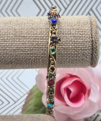 Unique Vintage Bangle Bracelet Gold Tone Dangle Beads & Colorful Rhinestones - Picture 5 of 6