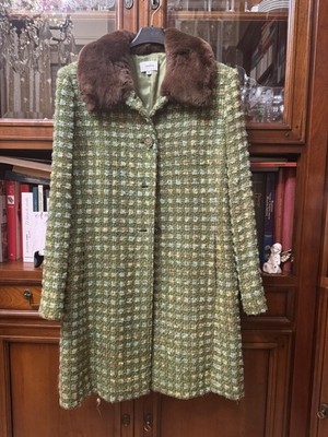 Neiman Marcus Damen Mantel Tweed Kariert Grün Fellkragen Vintage