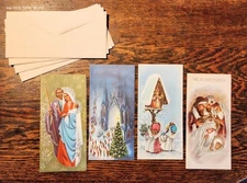 4 Vtg Religious Christmas Cards wEnvs UNUSED Glitter Gold Silver 1950's Lovely! 