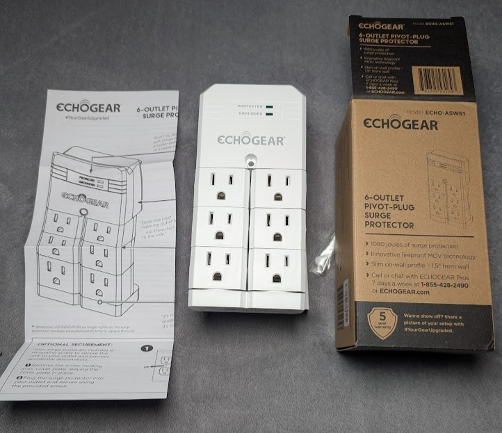 ECHOGEAR Wall Surge Protector 6 AC Outlets Pivot Plug White New ASW61