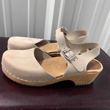 Sandali donna Swedish Hasbeens beige pelle nabuk zoccoli legno cinturino alla caviglia