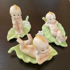 3 Vintage Lefton 1985 Little Kewpie Baby Figurine Hand Painted Lily Pad Garden