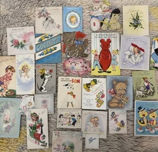 Mix Lot 20 Vintage 1960s Used Greeting Card Kitten Puppy Chicks Animals Flocked
