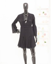 IRO Gwen Black Lace Dress Striped Mesh Bell Sleeves Flared Skirt Semi-Sheer 36