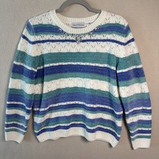 Alfred Dunner Sweater Women PM Stripe Blue White Long Sleeve Rhinestone Chenille
