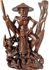 Chinesische Holzfigur Hongkong Angler 35cm handgeschnitzt 90er Jahre Deko Figur