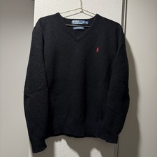 Polo Ralph Lauren Sweater Men's XL Black Pullover 100 Lambs Wool V-Neck VTG