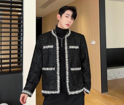 Men's Fashion Winter Round Collar Long Sleeve Color Matching Tweed