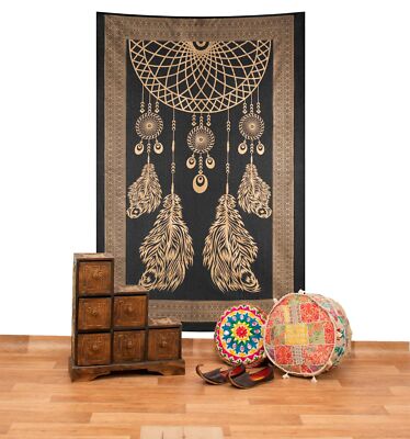 Dekotuch Tagesdecke Wandteppich Traumfänger Dreamcatcher Gold Boho Wandbehang