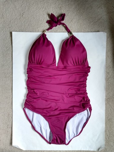 Burgundy 1-pc padded Bathing Swimsuit XL Full Coverage Ruched EUC Modest Halter - Picture 3 of 9