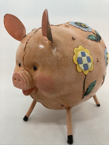 Colorful Painted Whimsical Metal Piggy Flowers Figure - Picture 4 of 11