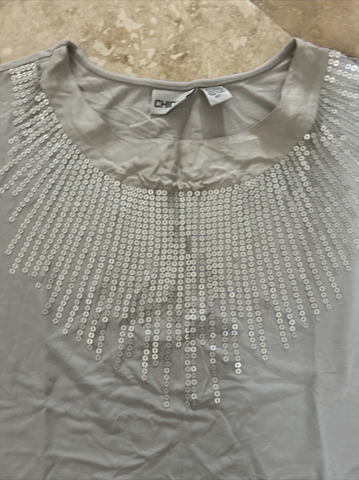 Chico's Womens Top Size 1 Light Grey Silver Sequins eBay
