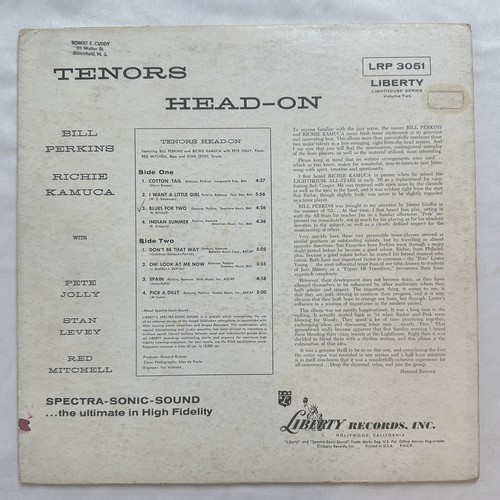 Tenors Head On - Bill Perkins, Richie Kamuca w/Pete Jolly, Stan Levy (Vinyl LP) - Imagen 2 de 5
