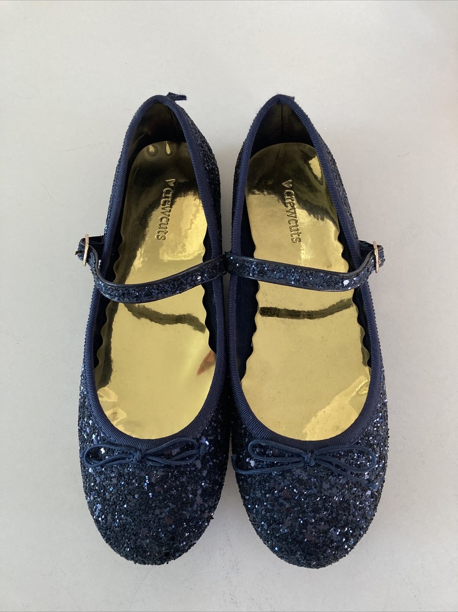 Crew Crewcuts Girls Ballet Flats Glitter Navy Gold Mary Jane Size K