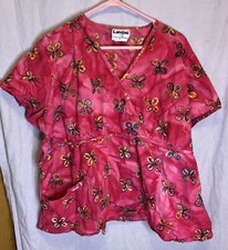 Landau Women  s Scrub Top 2XL Pink with Multicolored Embrodered Flowers 1 Pocket
