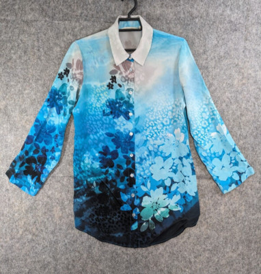 Soft Surroundings Top Womens Small Blue Gray Silk Floral Button-Up Career Flowy