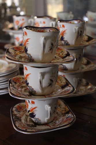 Vintage 35 Piece Set Woods Burslem Denbigh English Bird Flowers Gold Trim - Picture 3 of 17