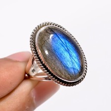 Natural Blue Labradorite Gemstone Ring 925 Sterling Silver Statement Rings