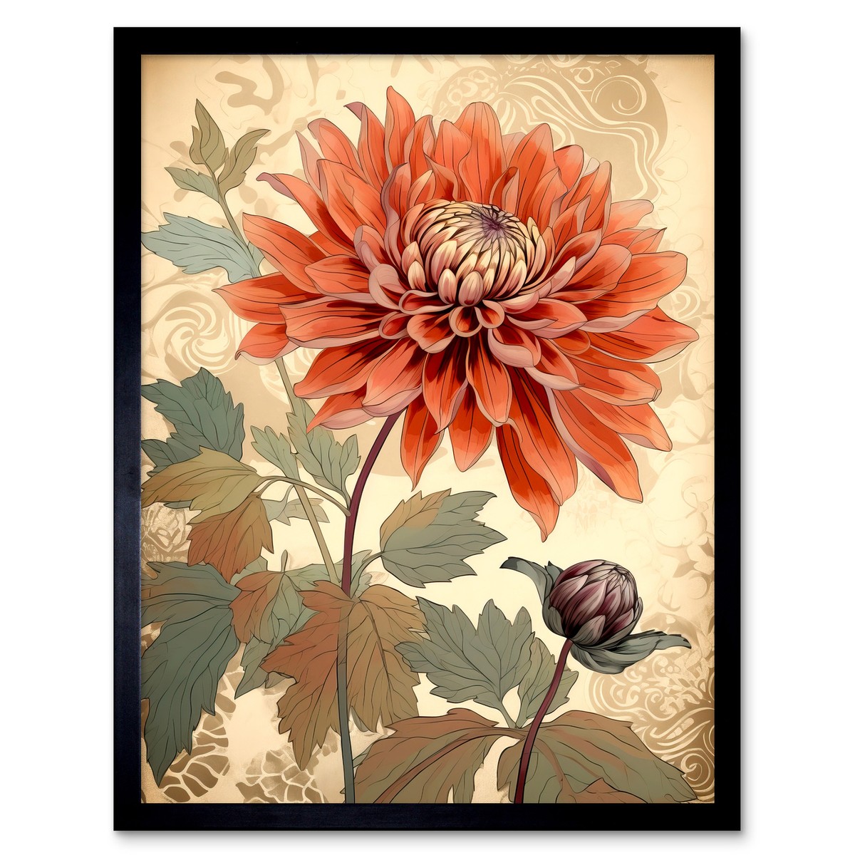 Pastel Colour Orange Dahlia Flower with Patterns Framed Wall Art