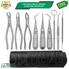 Basic Dental Surgery Extracting Forceps 9 Pcs Elevator Kit Set German Grade