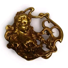 RARE Antique Art Nouveau Repousse Woman Goddess Flowers Bronze Pendant VTG READ