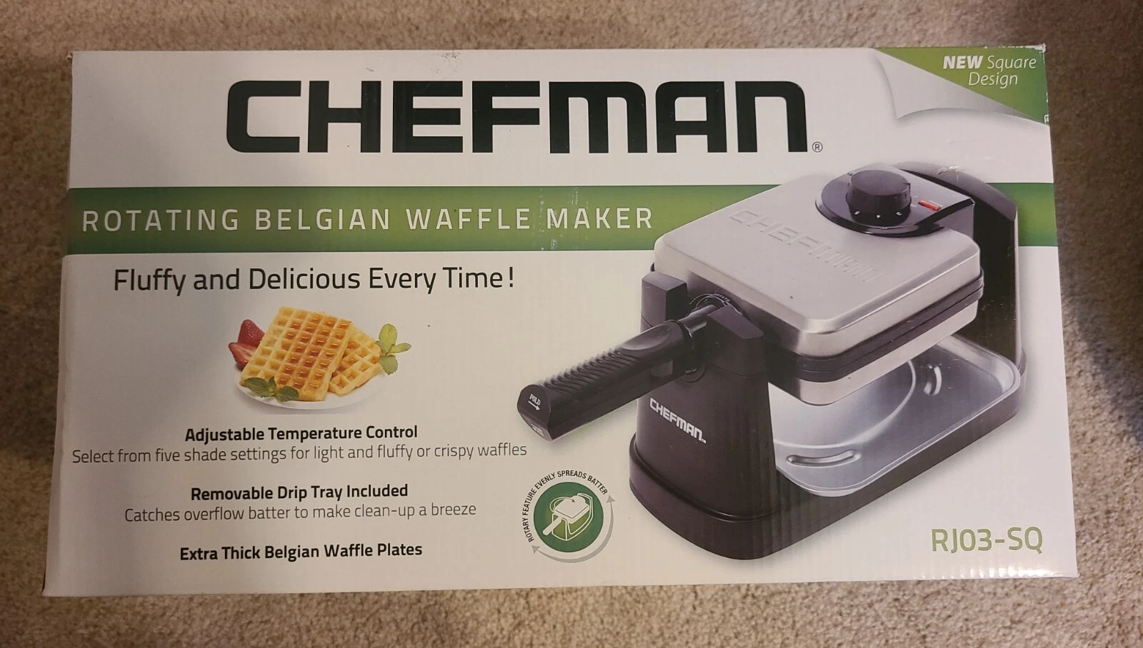 NEW Chefman Square Rotating Belgian Waffle Maker Stainless Steel RJ03-SQ